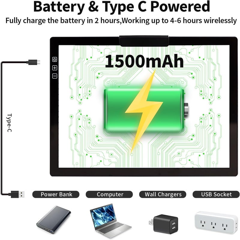 Zocelight صندوق ضوء A4 قابل لإعادة الشحن مع حقيبة مبطنة، لوح ضوء LED مع حامل مدمج ومشبك، 6 مستويات من السطوع لصندوق الضوء للتتبع، ورسم الماس. طاولة ضوء للفنانين، الرسم، التخطيط، الرسوم المتحركة. - Image 3